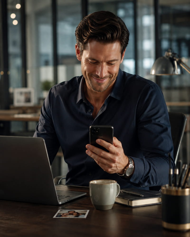 Husband smiling after receiving a playful text from his wife during the middle of his day