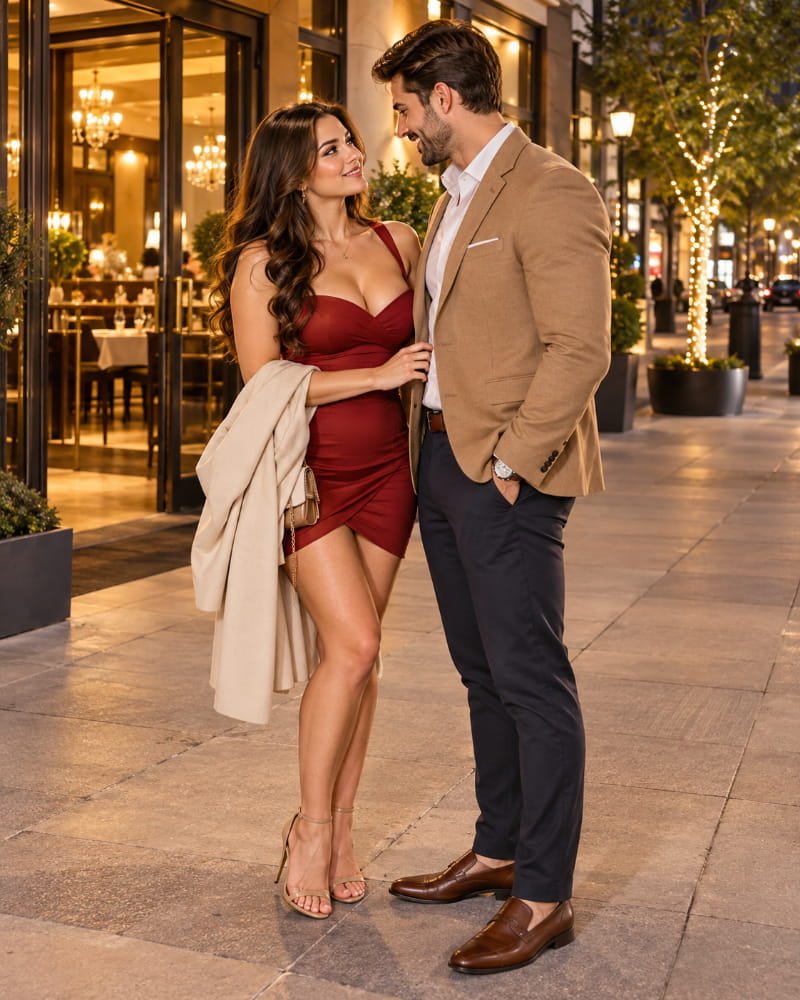Woman remains close to a man outside a restaurant after their date even though she has plenty of room to leave, while both share relaxed eye contact.