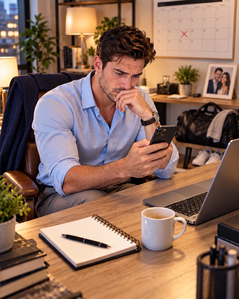nxious young man surrounded by subtle signs of over-investment, including repeated phone messages, canceled personal plans and constant checking, illustrating common dating chasing behaviors.