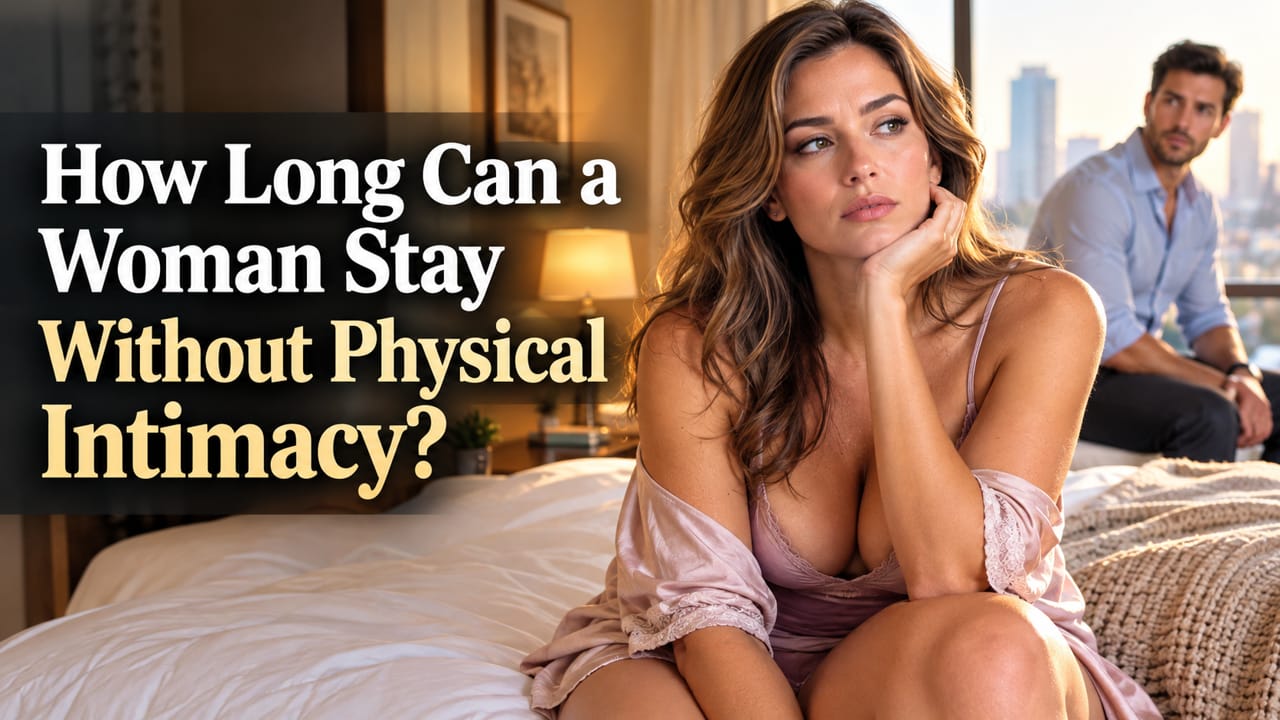Beautiful adult American woman sitting thoughtfully at the edge of a bed while her partner stands softly blurred in the background, illustrating emotional distance and questions about how long physical intimacy can be absent from a relationship.