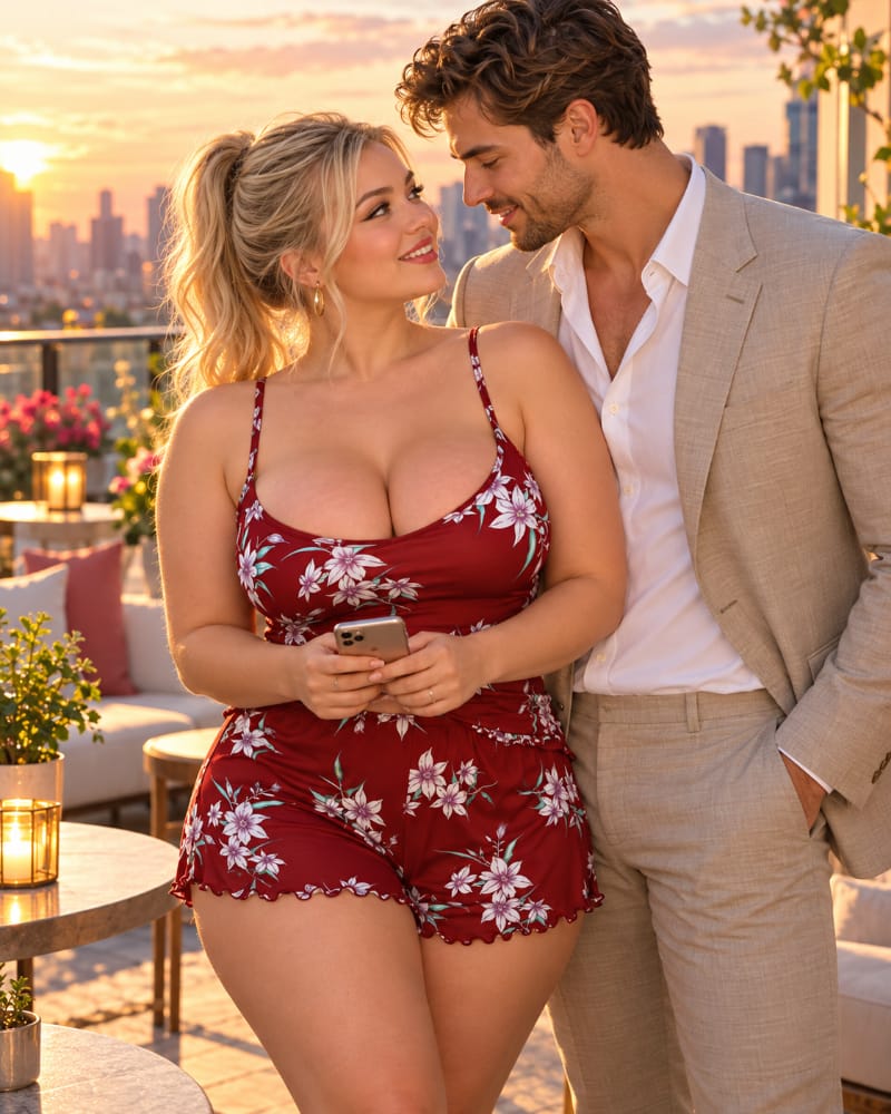 A woman and man exchange affectionate glances on a sunlit rooftop terrace as a new romantic connection sparks excitement and uncertainty about whether their feelings are lust or love.