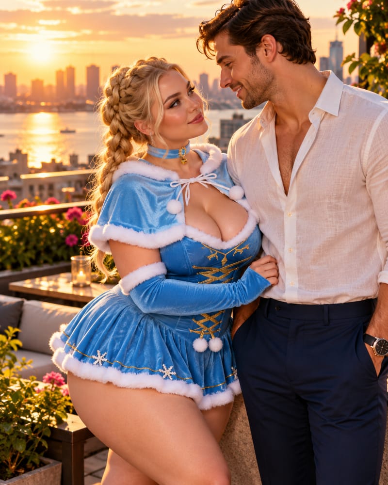 A couple sharing prolonged eye contact and a gentle touch during a romantic rooftop date, illustrating subtle signs she wants you physically and how attraction can appear through closeness and body language.