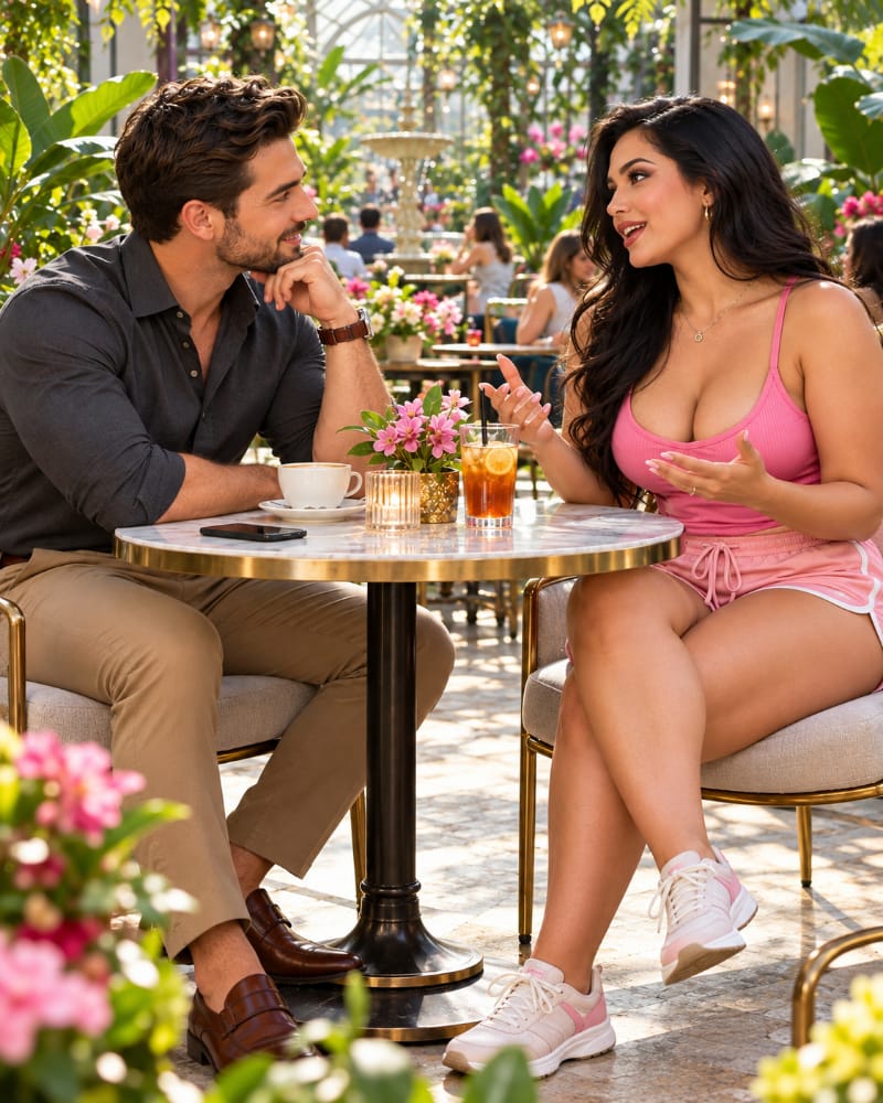A man listens attentively while a woman shares a story during a relaxed conversation in a bright conservatory.