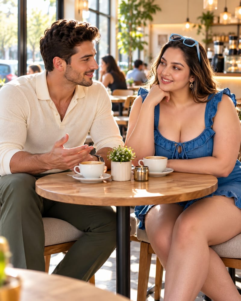 A man speaks calmly and confidently while his date listens with interest at a bright café, demonstrating honest communication and mutual respect in romantic relationships.