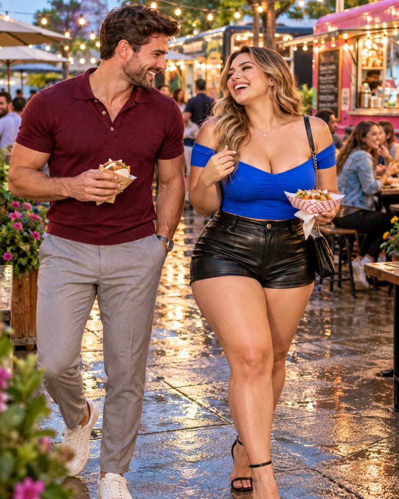 A man and woman share a spontaneous laugh at an outdoor food courtyard after a summer rain.