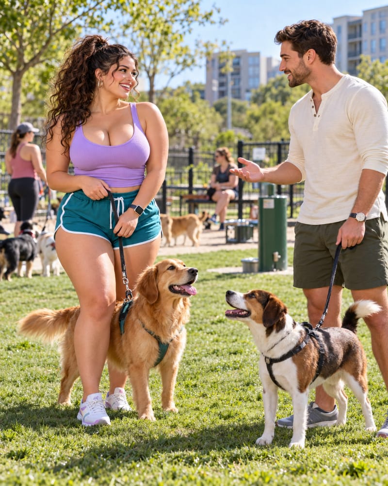 Two dog owners begin an easy conversation at a sunny dog park, using their pets as a natural shared subject for a friendly introduction.