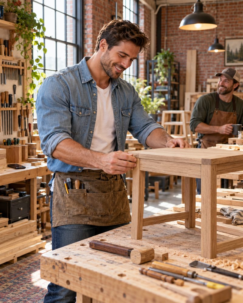 A confident man enjoys woodworking with friends in a creative studio, illustrating the importance of maintaining personal interests and a fulfilling independent life.