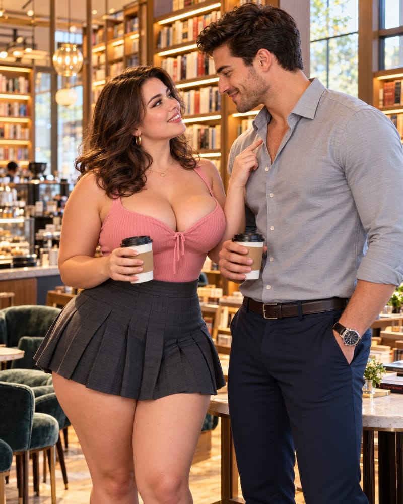 A woman smiling and giving a man a playful personal compliment during a bookstore café conversation, illustrating how affectionate praise and teasing may suggest romantic interest.