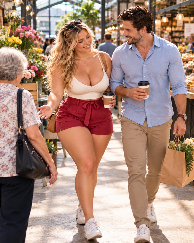 A dating couple talks while walking through a public market, illustrating how everyday situations can reveal character before marriage.