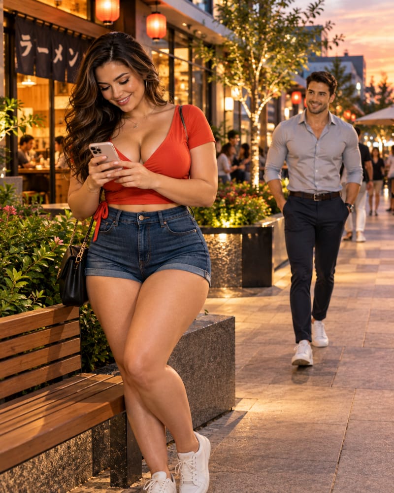 A woman smiles at her phone as she prepares to meet a man for a casual evening outing.