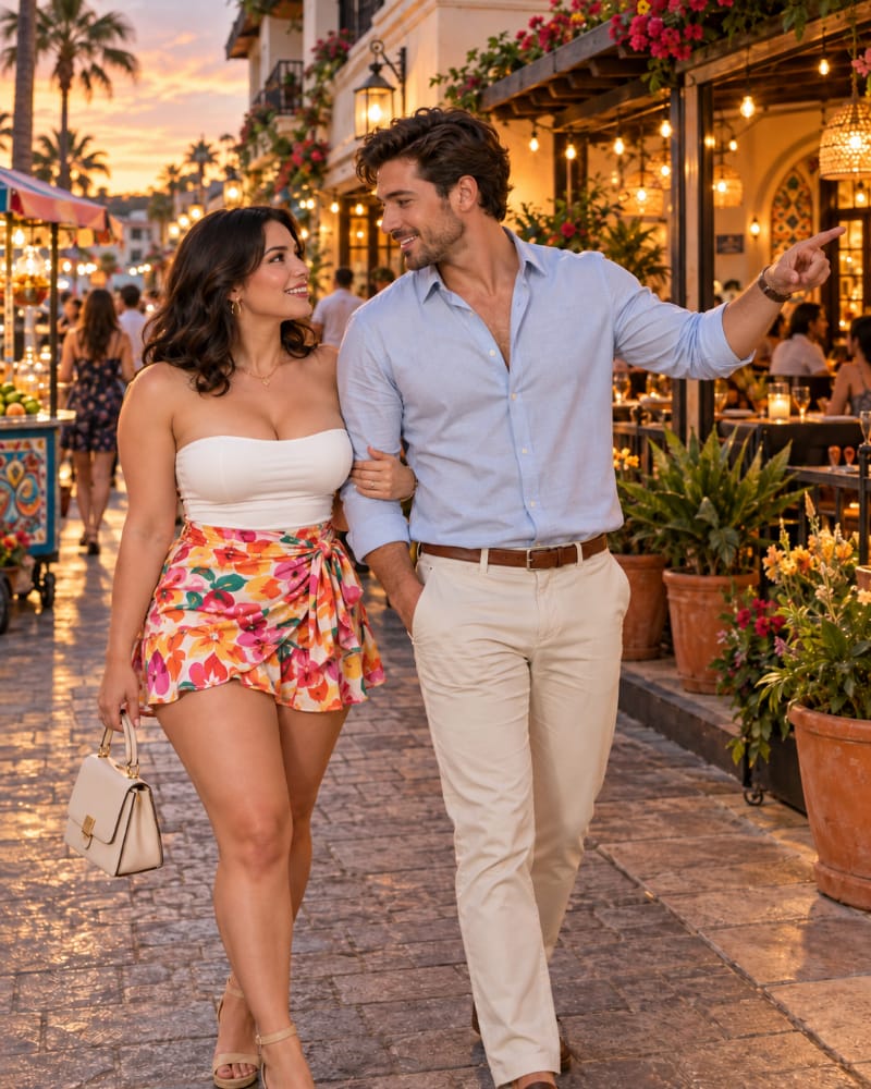 A happy couple discusses another outing while walking past a neighborhood restaurant, illustrating how future plans build excitement and romantic anticipation.