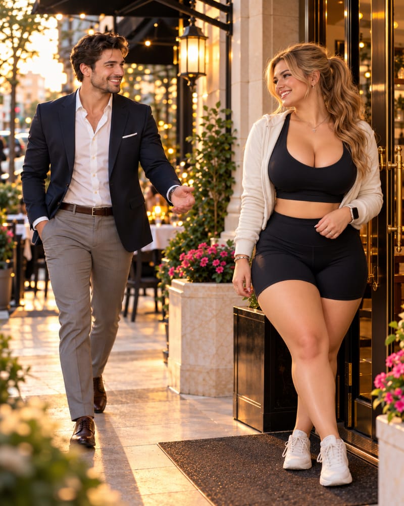 A well-dressed American man arrives as promised to meet his delighted girlfriend outside an elegant restaurant, symbolizing dependability, honesty, consistency, and trust in a healthy romantic relationship.