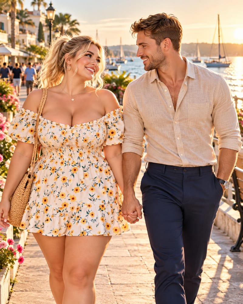 A romantic couple walks hand in hand along a sunny waterfront promenade, sharing laughter and conversation as their emotional relationship develops over time.