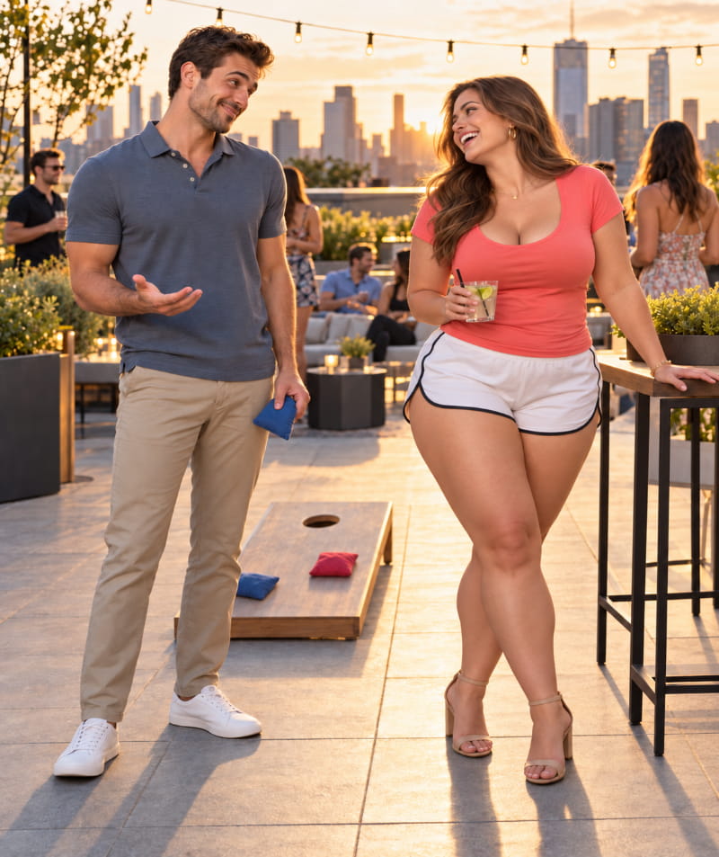 A man and woman laugh together at a rooftop social gathering during sunset, showing how relaxed humor can create connection without trying too hard to impress.
