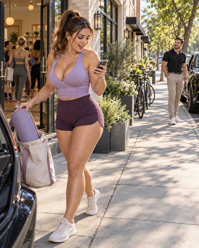 A woman outside a yoga studio responding eagerly to a last-minute message while putting away her yoga gear, illustrating how chasing can replace personal priorities.