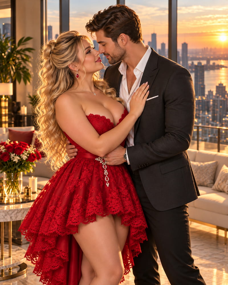 A romantic couple shares an affectionate moment beside panoramic city windows, illustrating how lasting emotional love and strong physical attraction can exist together.