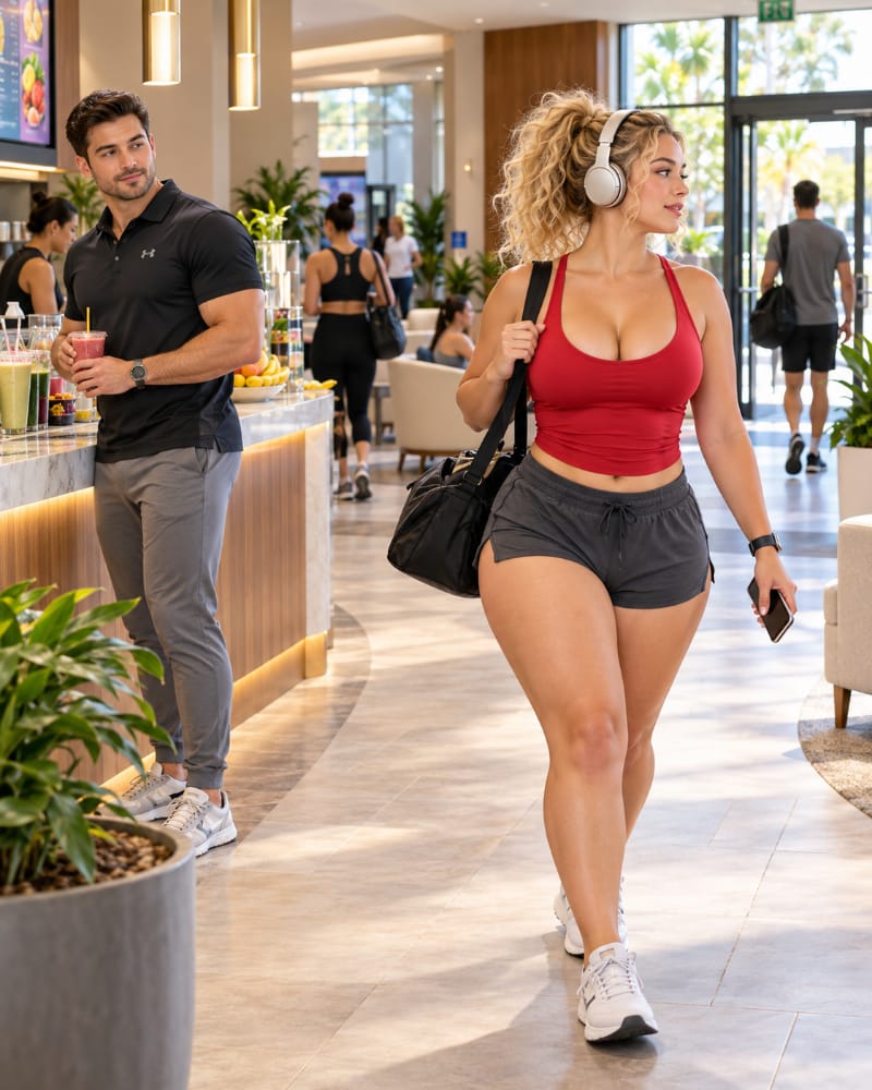 A man notices that a woman wearing headphones is leaving a wellness club and chooses to give her space instead of interrupting her.