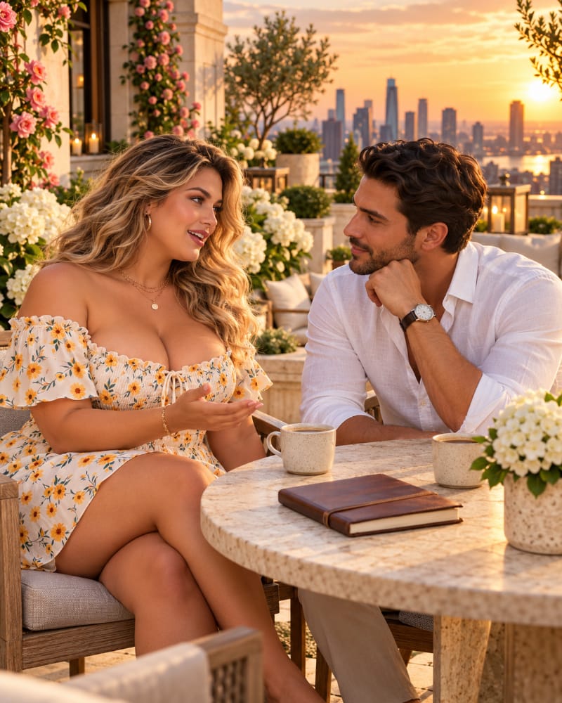 A couple sharing a thoughtful conversation on an elegant rooftop garden terrace, showing a desire to understand and overcome relationship problems. Their attentive expressions reflect relationship awareness, emotional communication, mutual understanding, and the importance of identifying harmful relationship habits.