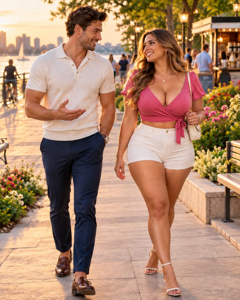 A relaxed couple walks beside an urban waterfront while talking warmly, representing calm interest, honest conversation, and mutual choice.