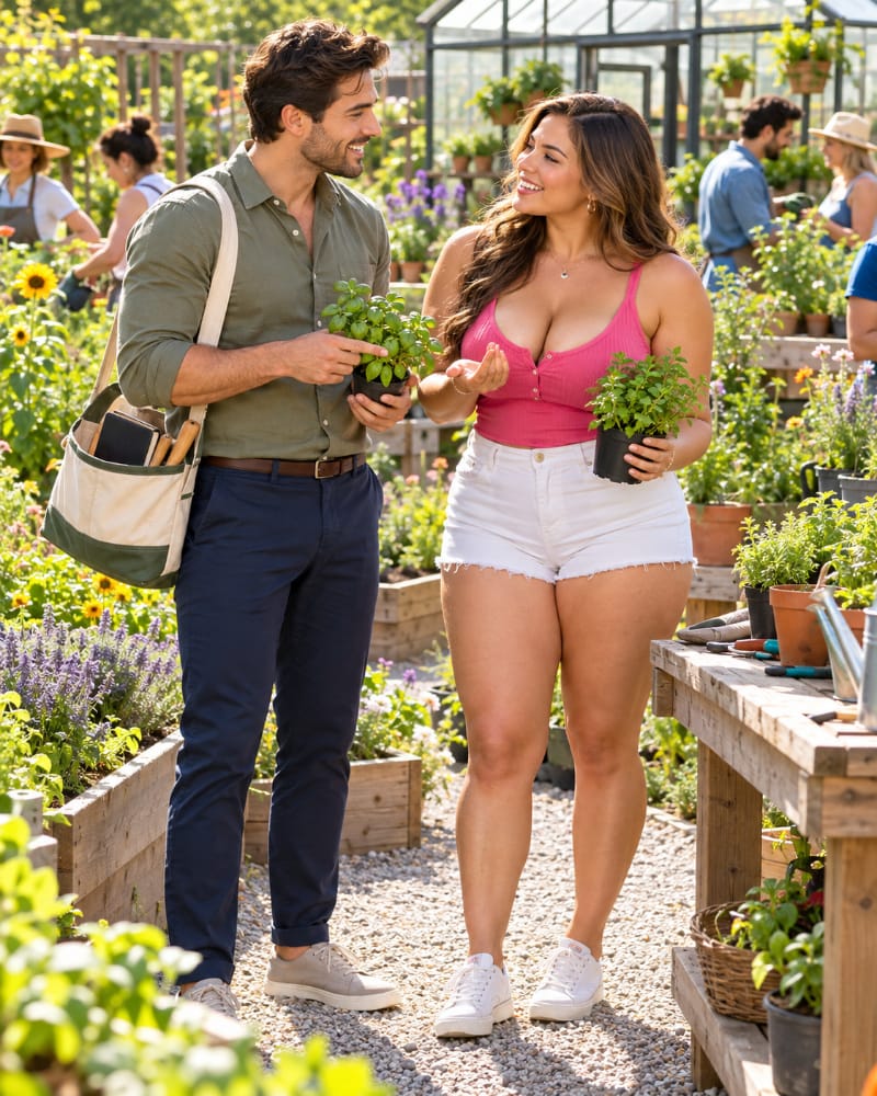 A man confidently holds an easy two-way conversation with a woman during a community gardening workshop after gradually practicing his social skills.