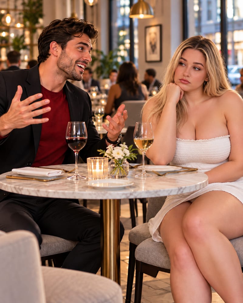 A man dominates the conversation during a restaurant date while the woman appears politely disengaged, illustrating how trying too hard to impress can undermine romantic connection.