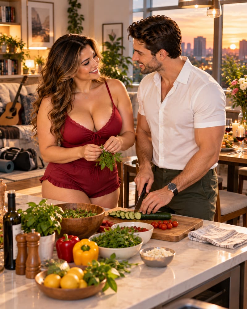 A couple laughs while preparing dinner together in a warm apartment kitchen, showing ongoing care and connection after dating begins.