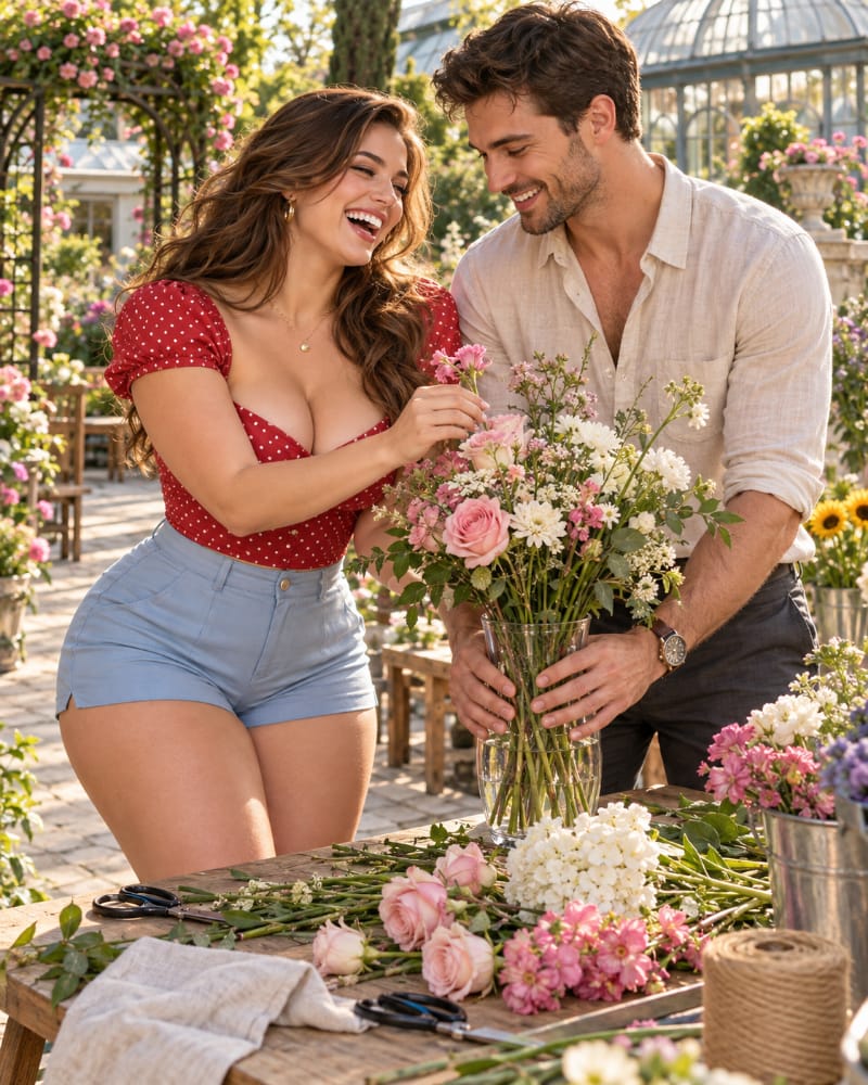 A happy couple laughs while arranging flowers together at an outdoor workshop, illustrating how thoughtful planning and enjoyable dates strengthen romantic connection.
