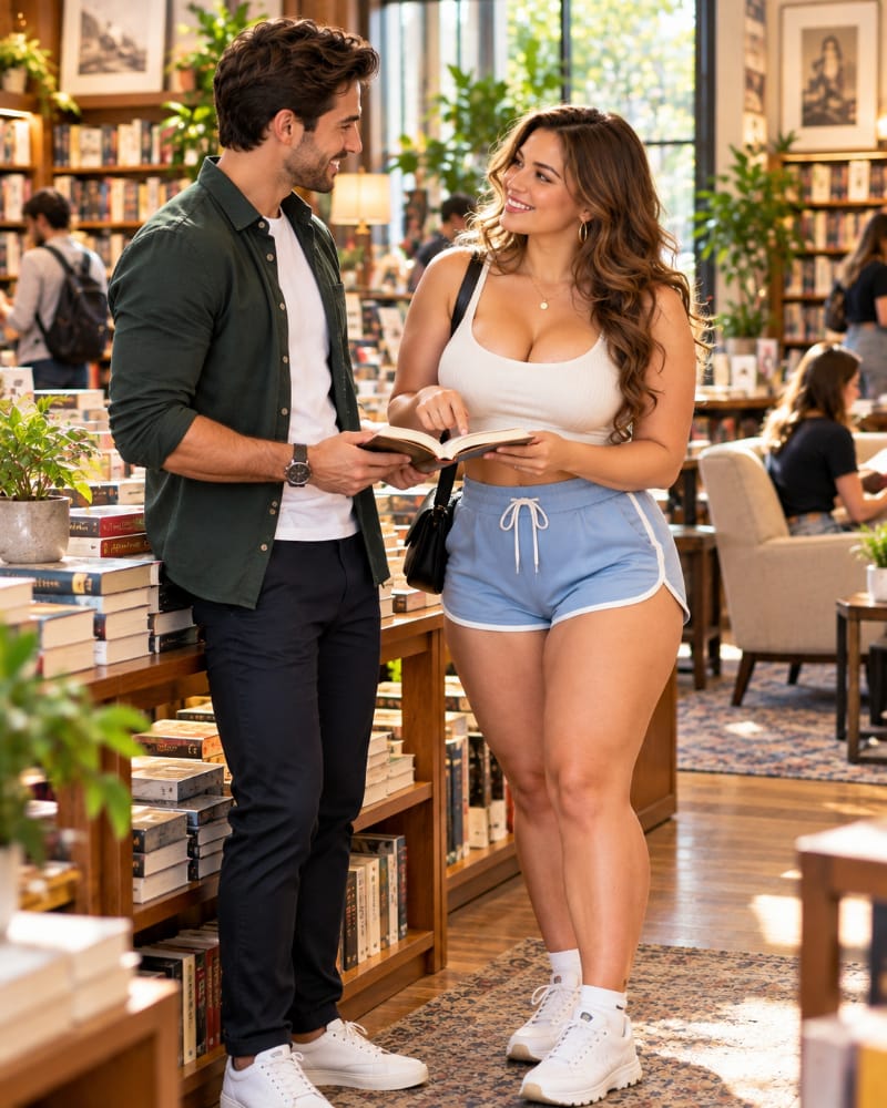 A man and woman connect naturally over a book in a bright bookstore, illustrating genuine curiosity instead of chasing or pressuring someone.