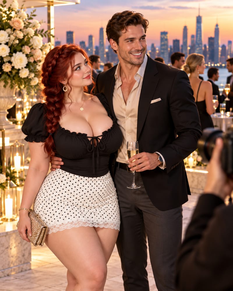 An elegant couple attends a rooftop social event while the man focuses on their public appearance and the woman questions his attention, illustrating how status and image can influence fake love.