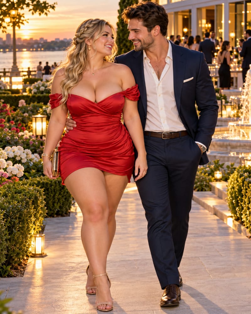 A happy couple walks together through a beautifully landscaped garden party, smiling warmly at each other. Their affectionate interaction illustrates the emotional and romantic reasons men may feel attracted to curvy women, including confidence, chemistry, admiration, and companionship.