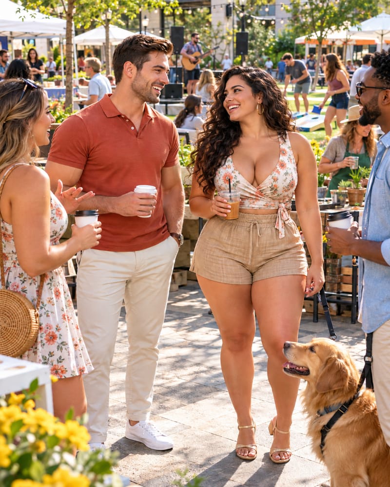 A man and woman socialize with friends at a lively neighborhood community event filled with natural opportunities to meet new people.
