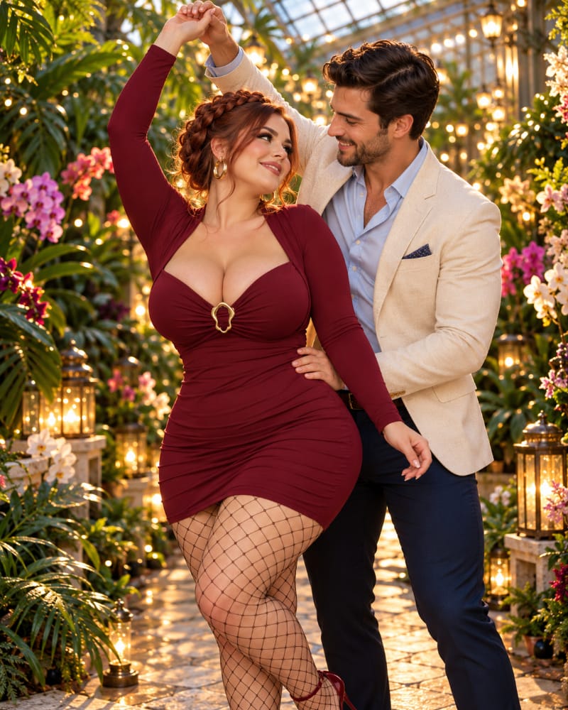 A happy couple shares a playful romantic dance in a botanical garden, showing how true love can combine lasting attraction, emotional security, joyful companionship, and a strong relationship bond.