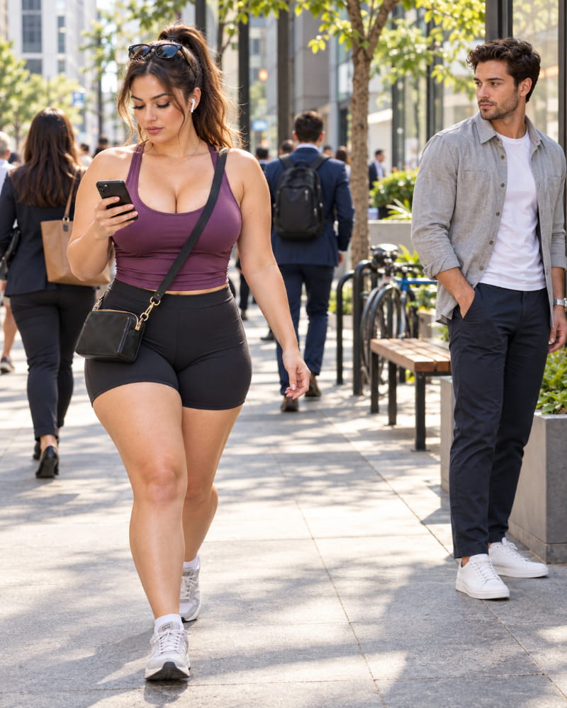 A woman wearing headphones walks purposefully through a busy downtown area while a nearby man recognizes that she is occupied and chooses not to approach her.