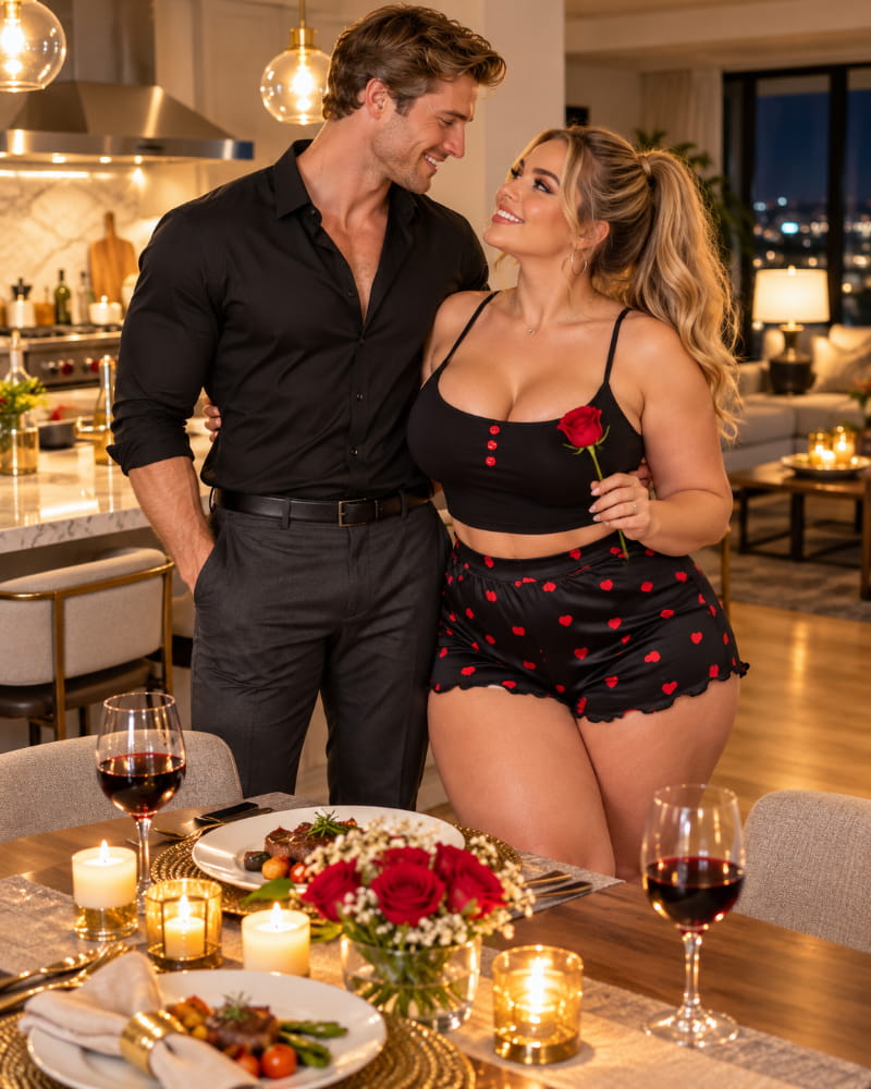 A wife smiles appreciatively as her husband surprises her with a prepared romantic dinner at home, showing how thoughtful effort and shared responsibilities help create intimacy.