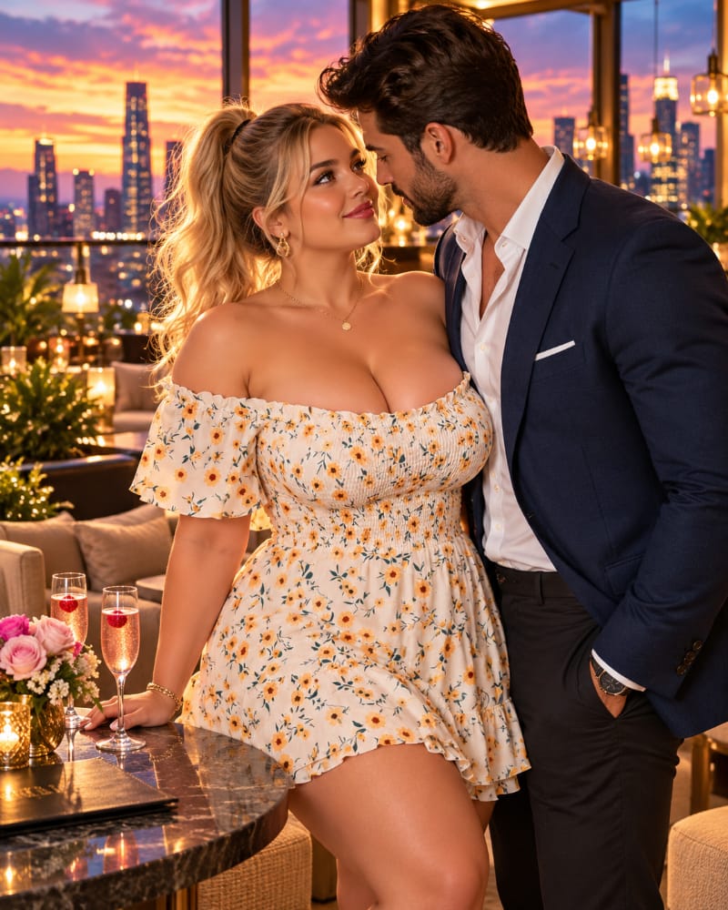 A glamorous couple exchanges intense, flirtatious glances in an elegant rooftop lounge, illustrating the exciting physical attraction that can sometimes be mistaken for deeper love.